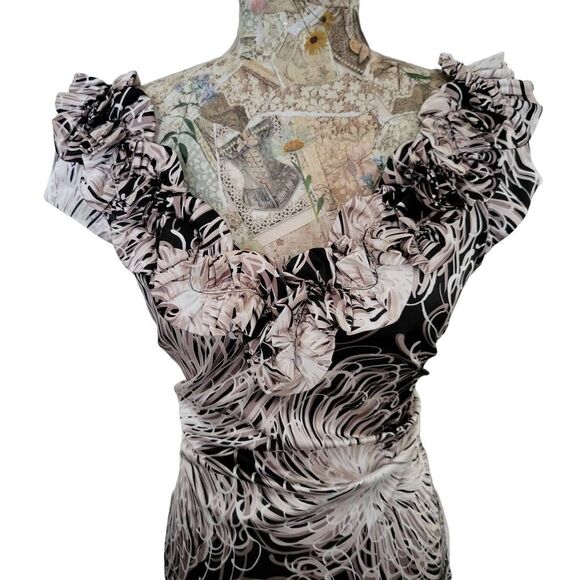 Maggie London NEW Neutral Black & White Tight Hugging Ruffled Top V Neck Dress - Picture 11 of 12